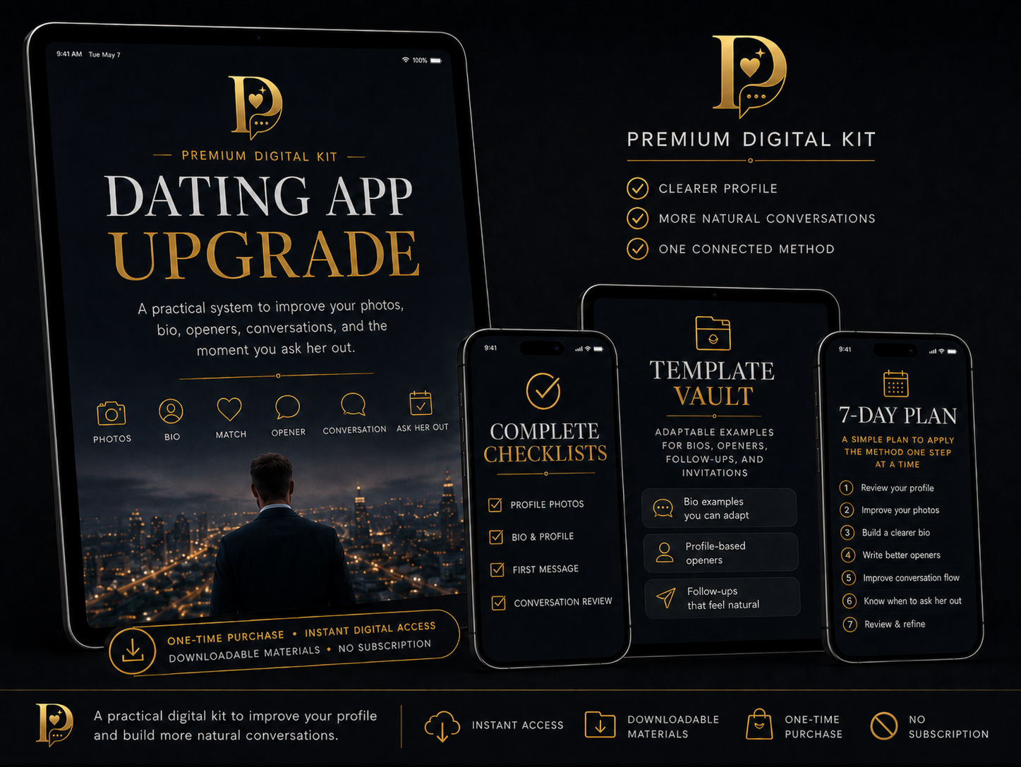 Dating App Upgrade Premium Digital Kit mockup with guide, templates, checklists and 7-day plan