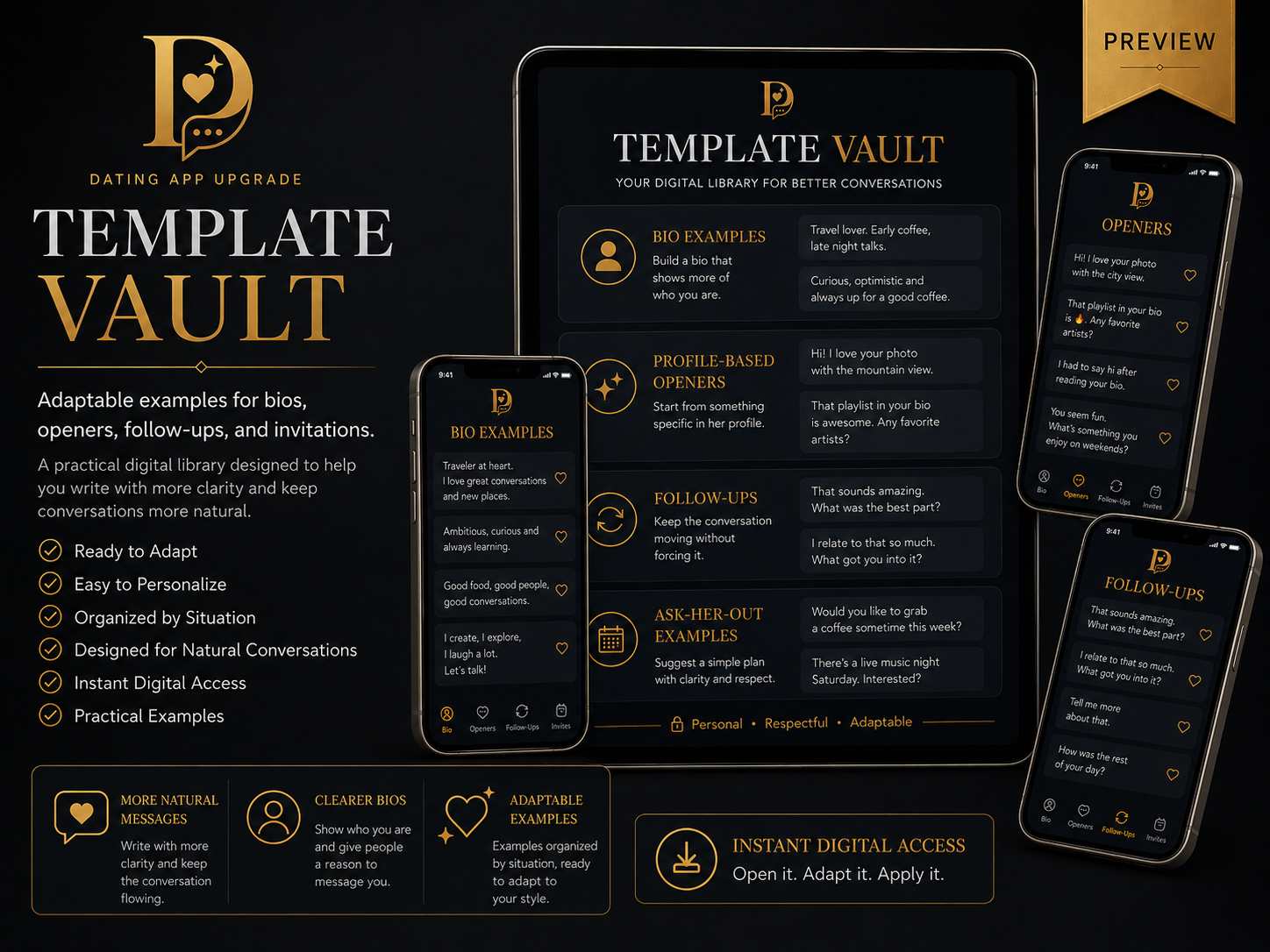 Template Vault preview with openers, follow-ups, invites and bios