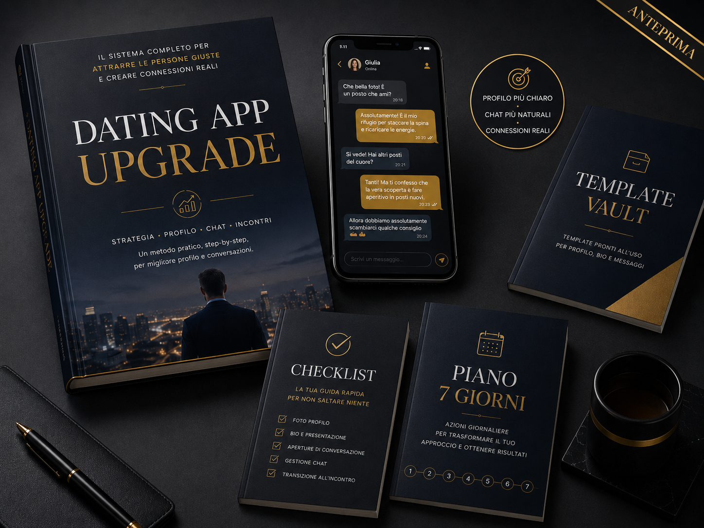 Mockup del Premium Digital Kit Dating App Upgrade con guida, template, checklist e piano 7 giorni